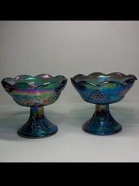 Indiana Glass Harvest Grape Blue Carnival Glass Candle Holders, Pair